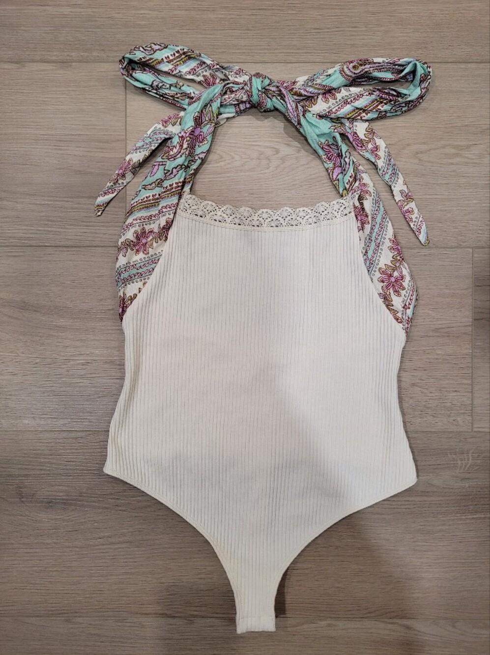 Free People Women L Cream Ribbed Tie-Strap Bodysuit with Lace Trim